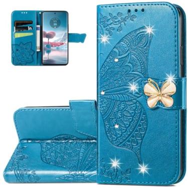 Imagem de Dinglijia Capa carteira para Motorola Edge 40 Neo, capa de couro PU padrão borboleta com fecho magnético e slots de cartão de dinheiro para Moto Edge 40 Neo, strass azul