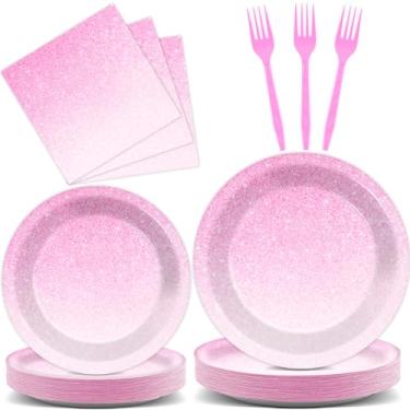 Imagem de Conjunto de artigos de festa rosa ombré para 24 convidados gradiente rosa pastel pratos de mesa decorações de mesa para meninas mulheres rosa claro granulado casamento aniversário lembrancinhas de festa