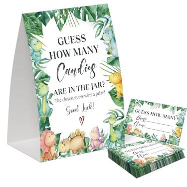 Imagem de Dinossauro Adivinhe quantos doces estão no pote jogo para chá de bebê, pacote com uma placa de 12 x 18 cm e 50 cartões de adivinhação, decoração de chá de bebê com vegetação, suprimentos de festa de