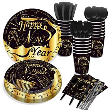 Imagem de Conjunto de talheres descartáveis Happy New Year 2023, 141 peças de artigos de festa de ano novo, inclui pratos e guardanapos de festa de ano novo, copos, colheres, faca e garfo para acessórios de jantar de véspera de ano novo 2023