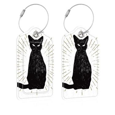 Imagem de iapodiad Pacote com 2 etiquetas de bagagem para mala, etiquetas de mala de couro PU de gato preto identificadores com etiquetas de endereço de nome de privacidade e laço de aço para mulheres e homens