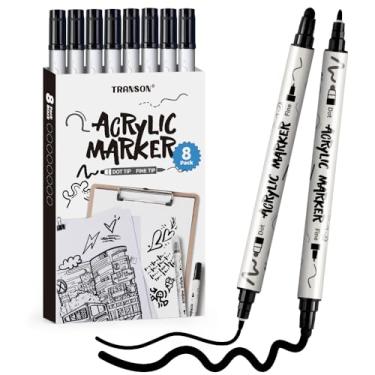 Imagem de TRANSON Pacote com 8 marcadores de tinta acrílica de ponta dupla, preto, arrojado e fino, para pintura de rocha de vidro DIY, madeira, couro, cerâmica
