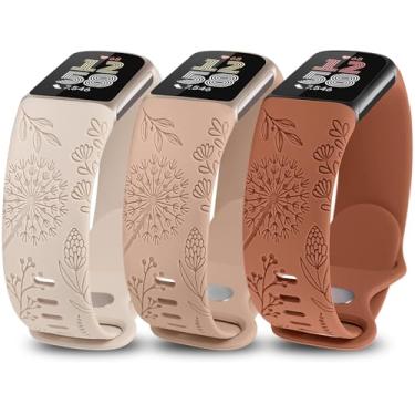 Imagem de Minyee Pacote com 3 pulseiras femininas com gravação floral, compatível com Fitbit Charge 6/Fitbit Charge 5, linda pulseira de silicone macio e flor de dente-de-leão, designer esportivo elegante de