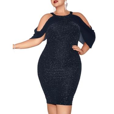 Imagem de Hanna Nikole Vestido midi feminino plus size de chiffon, manga capa, ombro de fora, gola alta, coquetel, coquetel, glitter, colado ao corpo, Azul marinho, 58