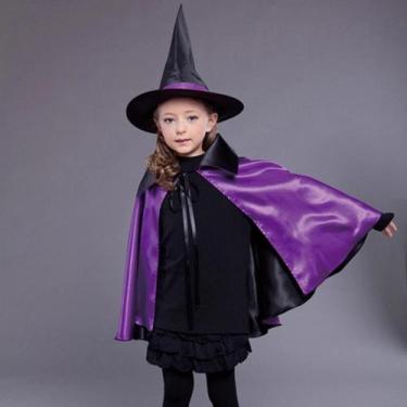 Imagem de Capa de Bruxa e chapéu de bruxa kit de bruxa de cetim lindo roxo ou ve