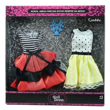 Imagem de Vestido para Boneca Kit 2 Looks Listrado e Bolinha - Candide