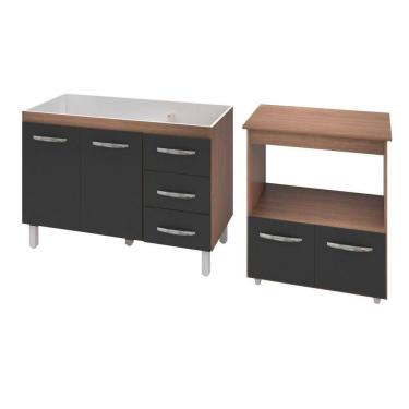 Imagem de Armário Gabinete Pia De 120 Cm Bianca Com Balcão Multiuso Micro-ondas Forno Elétrico ângela Savana Frente Preta