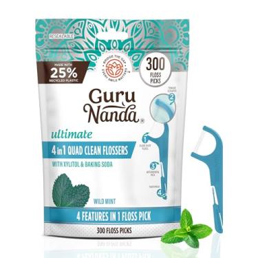 Imagem de GuruNanda Palhetas de fio dental Quad Clean 4 em 1 com raspador de língua, pik interdental e palito de dente, fio de dyneema não desfiado, com xilitol e bicarbonato de sódio, 300 unidades