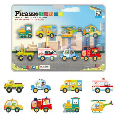Imagem de Blocos de construção magnéticos PicassoTiles Metro City com 8 veículos