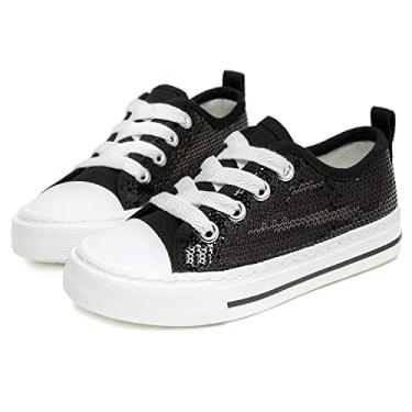 Imagem de Toandon Meninos Crianças Tênis Glitter Lantejoulas Sapatos de Lona Criança Criança Brilho Brilho Baixo Superior Rendas Até Antiderrapante Leve Caminhada Ao Ar Livre Preto Tamanho 10