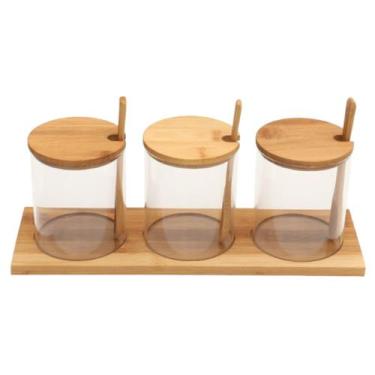 Imagem de Jogo Com 3 Potes Em Vidro Com Tampa Colher E Base De Bambu - MEK