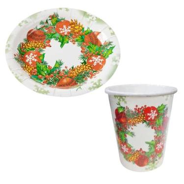Imagem de Kit 10 Copos e 10 Pratos de Papel Feliz Natal Guirlanda Natalina Silve