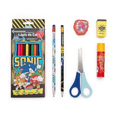 Imagem de Kit Escolar Sonic Lápis de Cor + Borracha + Apontador + Tesoura + Cola