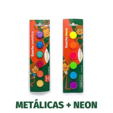 Imagem de Tinta Guache Escolar Kit c/ 6 Cores BásicasTradicionais, Neon ou Metál