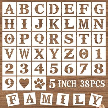 Imagem de DZXCYZ Estênceis de letras e números de 12,7 cm, 38 peças de estêncil de artesanato de alfabeto DIY, modelos de desenho de plástico reutilizáveis para pintura em madeira, parede, tecido, pedra, quadro-negro, piso, sinalização, varanda de porta