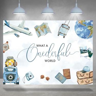 Imagem de Rsuuinu Tema de viagem 1º aniversário pano de fundo para meninos What A Onederful World Adventure Photography Background First Birthday Party Decor Supplies Cake Table Banner Photo Booth Studio