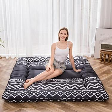 Imagem de MAXYOYO Colchão futon japonês – almofada de dormir espessa, cama de espreguiçadeira de enrolar, almofada de acampamento e quarto de hóspedes, grosso, macio e confortável, faixa preta, tamanho queen