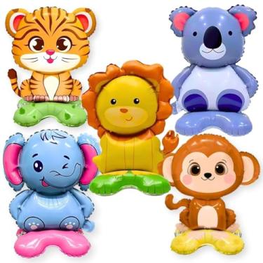 Imagem de Kit Balão Safari Animais Metalizado Base Centro Mesa - Leão/Elefante/Macaco/Coala/Tigre