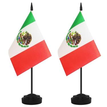 Imagem de Conjunto de 2 bandeiras de mesa do México, mesa mexicana pequena mesa em miniatura bandeira de escritório com poste preto de 30 cm e base preta, escritórios, sala de aula, casa, decoração de festival