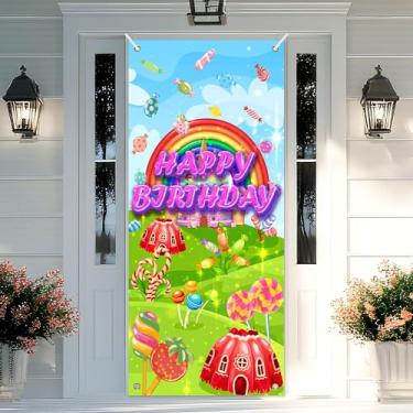 Imagem de Candyland Faixa de Feliz Aniversário Pano de Fundo Colorido Doces Pirulitos Doces Decoração de Porta para Crianças Meninos Meninas Decorações de Festa de Aniversário Adereços de Estúdio Fotográfico