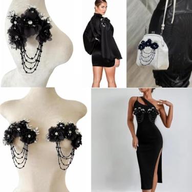 Imagem de Akiko.CC Aplique de strass de flor tridimensional 3D para costura, contas brilhantes, apliques de franja de cristal para vestidos de noiva, artesanato faça você mesmo, 2 peças/conjunto 14 x 16 cm