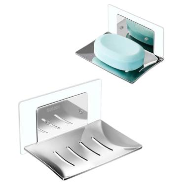 Imagem de xicveiuz Pacote com 2 Porta-Sabonetes de Aço Inoxidável para Parede de Chuveiro, Saboneteira Adesiva de Parede, Economizador de Sabão Sem Perfuração com Dreno