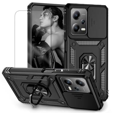 Imagem de Capa para Xiaomi Poco X5 Pro e Redmi Note 12 Pro 5G Capinha (Não aplicável 4G) | com 2 peças de protetor de tela temperado com janela deslizante da câmera e suporte para telefone incluídos - Preto