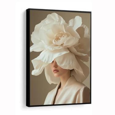 Imagem de Quadros Decorativos Grande Mulher Flores Luxo Moderno sala quarto estetica com moldura e vidro 60x80 (Moldura Preta, 60x80, Com Vidro)