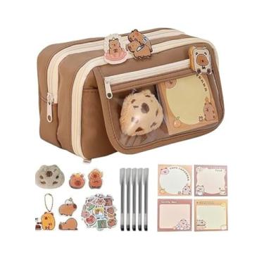 Imagem de Estojo Escolar Infantil Capivara, Design Kawaii, Marrom com Zíperes, Decorado com Adesivos