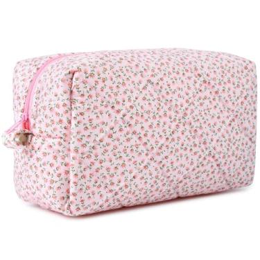 Imagem de SOIDRAM Bolsa de maquiagem acolchoada bolsa de cosméticos floral bolsa de maquiagem coquete bufante, Rosa Ditsy, Medium
