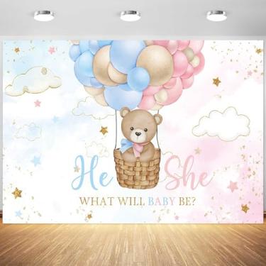 Imagem de 2,1 x 1,5 m Pano de fundo revelador de gênero para ele ou ela, balões rosa ou azul, fundo fotográfico, menino ou menina, bebê, urso revelador de gênero, faixa de festa, suprimentos para decoração de