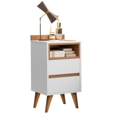 Imagem de Mesa de Cabeceira Criado Mudo Retrô com Pés Palito 2 Gavetas e Nicho para Quarto Móvel Compacto Funcional e Sofisticado para Organização e Decoração- Alamo (Branco)