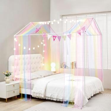Imagem de Mengersi Cortinas De Cama Com Dossel E Luzes, Cama De Dossel De Chão Montessori Para Meninos E Meninas, Cortinas De Cama Com Dossel, Decoração De Cama De Casa (Twin/Twin Xl, Arco-Íris)