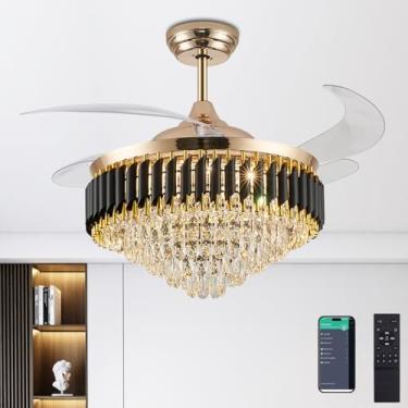 Imagem de Trssdre 52" Regulável Gold Fandelier Cristal Led Ventiladores De Teto Com Luzes E Controle Remoto Moderno Kit De Ventilador De Teto Com Lâmina Retrátil Para Quarto Sala De Jantar Sala De Estar