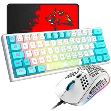 Imagem de 60% Teclado e Mouse Combo Samll Mini RGB Backlight Sensação Mecânica e Mecânica RGB 6400 DPI Honeycomb Mouse Óptico, Gaming Mouse Pad para Jogadores e Digitadores (Branco e Azul)