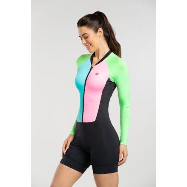 Imagem de Macaquinho de Ciclismo Feminino Manga Longa  - Cor De Cacau, P, Azul r