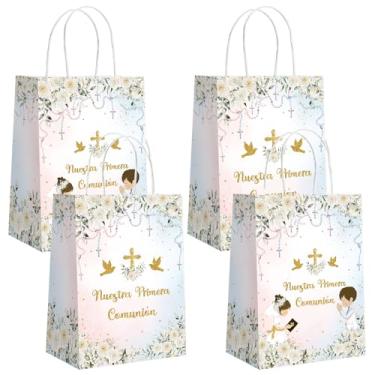 Imagem de MEHOFOND 24 peças de sacos de presente Nuestra Primera Comunión com alças para irmãos, floral, primeira comunhão, lembrancinhas de festa de batismo, Deus abençoe, batizado, doces, sacos de papel para