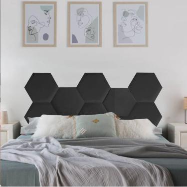 Imagem de Cabeceira Painel Modulado Colmeia Blogueirinha Estofada 140cm Casal Corino Preto - Ahazzo Móveis
