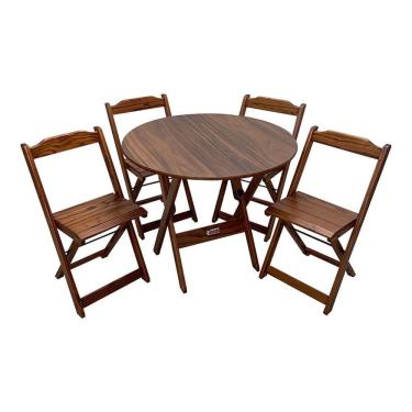Imagem de Mesa Dobrável De Madeira Redonda 90cm Com 4 Cadeiras Imbuia - Cor: Marrom