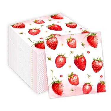 Imagem de Guardanapo de papel de morango, 100 pçs guardanapos de morango descartáveis almoço, suprimentos de festa de frutas, decorações de aniversário, guardanapos de papel de jantar de festa de frutas para