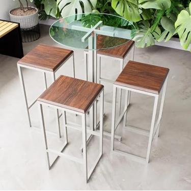 Imagem de Conjunto Mesa Alta Bar Bistrô Redonda Vidro 4 Bancos Imbuia Industrial White