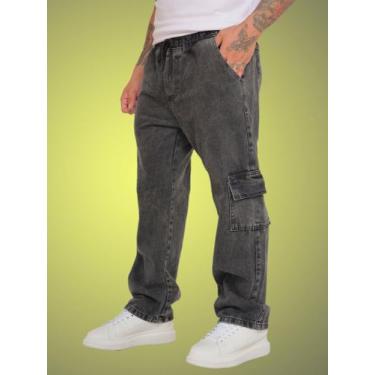 Imagem de Calça Cargo Jeans Com Cintura Elastcia e Perna Larga Sem Lycra Cor Pre