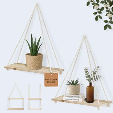 Imagem de BASE ROOTS Prateleiras suspensas para parede, prateleira para pendurar plantas, pendurar na parede de macramê, prateleiras flutuantes, corda boho, madeira rústica leve, prateleiras flutuantes