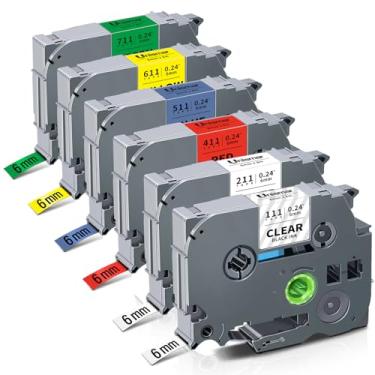 Imagem de Fita TZe TZ 6 mm 0,6 cm laminada colorida compatível com Brother P Touch TZe-211 TZe-111 Fita de etiqueta para PT-D210 D220 H110 D400 etiquetadora, preta em branco/transparente/vermelho/azul/amarelo