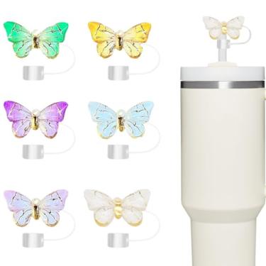 Imagem de Tampa de palha, 6 peças de topo de palha para copo Stanley, compatível com copos de 850 g e copos de 1,134 g, acessórios de silicone reutilizáveis de 10 mm, presentes ideais para amigos (borboleta C)