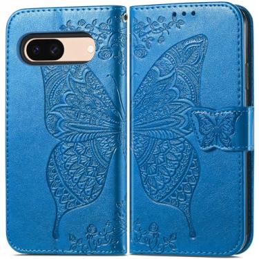 Imagem de ROPIGO Capa carteira para Google Pixel 8A, couro PU premium borboleta em relevo [suporte] [compartimentos para cartões] [alça de pulso] [6,1 polegadas] capa de telefone para Pixel 8A (A1-azul)