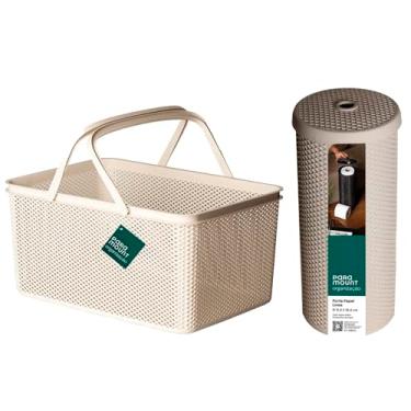 Imagem de Kit Organização Banheiro Paramount: Cesta com Alça + Porta Papel Higiênico Texturizado Lavabo, Lavanderia Cozinha Decorar com Praticidade e Estilo (Creme)