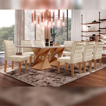 Imagem de Conjunto Sala De Jantar Genova Tampo Vidro/Mdf Com 8 Cadeiras Genova Smart Plus Cel Móveis Cinamomo/Off White/Bege