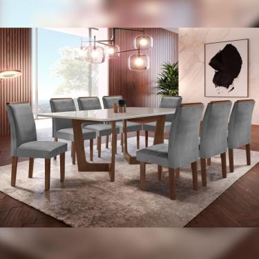 Imagem de Conjunto Sala De Jantar Nápoles Tampo Vidro/Mdf Com 8 Cadeiras Luísa Smart Plus Cel Móveis Chocolate/Off White/Cinza
