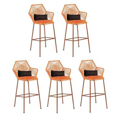Imagem de Kit 05 Banqueta Alta Sttar Ferro Bronze Fibra Laranja Almofada Sintético Marrom